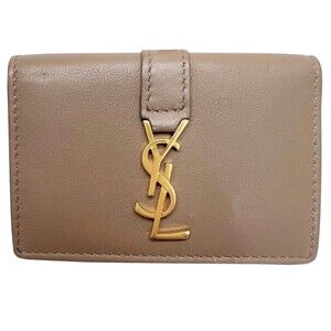 SAINT LAURENT Tri fold Wallet YSL Beige Tan Brown Leather Double